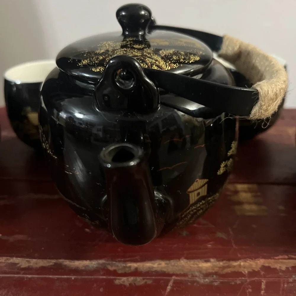 Vintage Dujust Japanese Tea Pot & 6 Cups Black & Gold House & Tree‎ Design